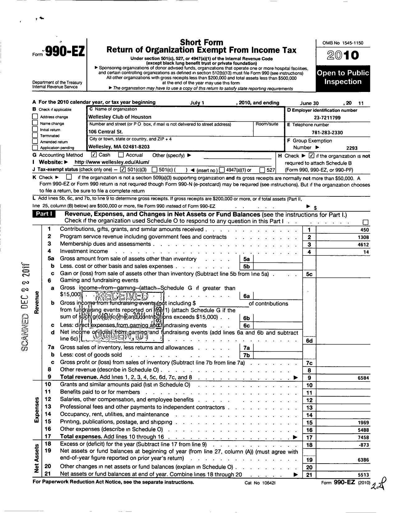 Image of first page of 2010 Form 990EZ for Wellesley College Alumnae Association / Wellesley Club of Houston