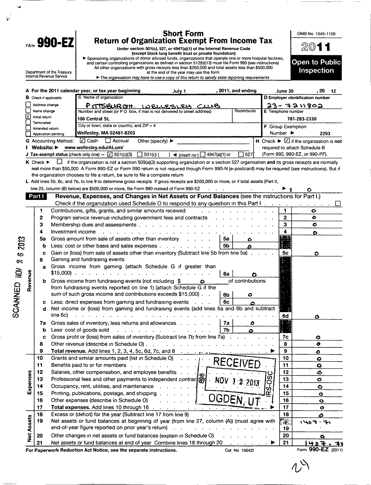 Image of first page of 2011 Form 990EZ for Wellesley College Alumnae Association / Pittsburgh Wellesley Club