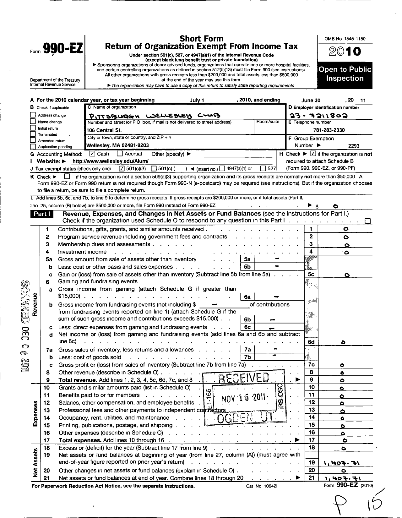 Image of first page of 2010 Form 990EZ for Wellesley College Alumnae Association / Pittsburgh Wellesley Club