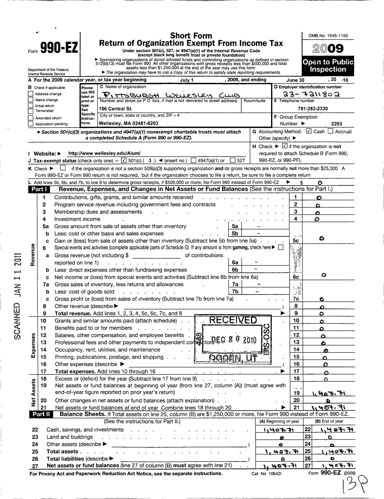 Image of first page of 2009 Form 990EZ for Wellesley College Alumnae Association / Pittsburgh Wellesley Club