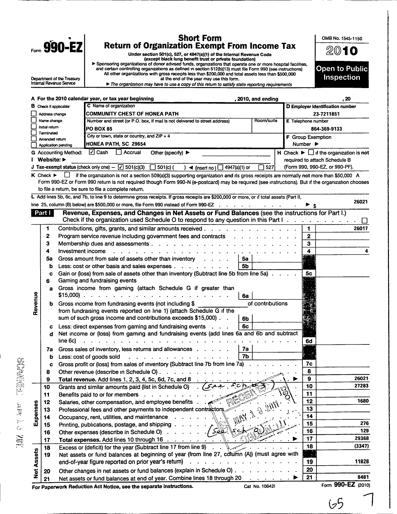 Image of first page of 2010 Form 990EZ for Honea Path Community Chest