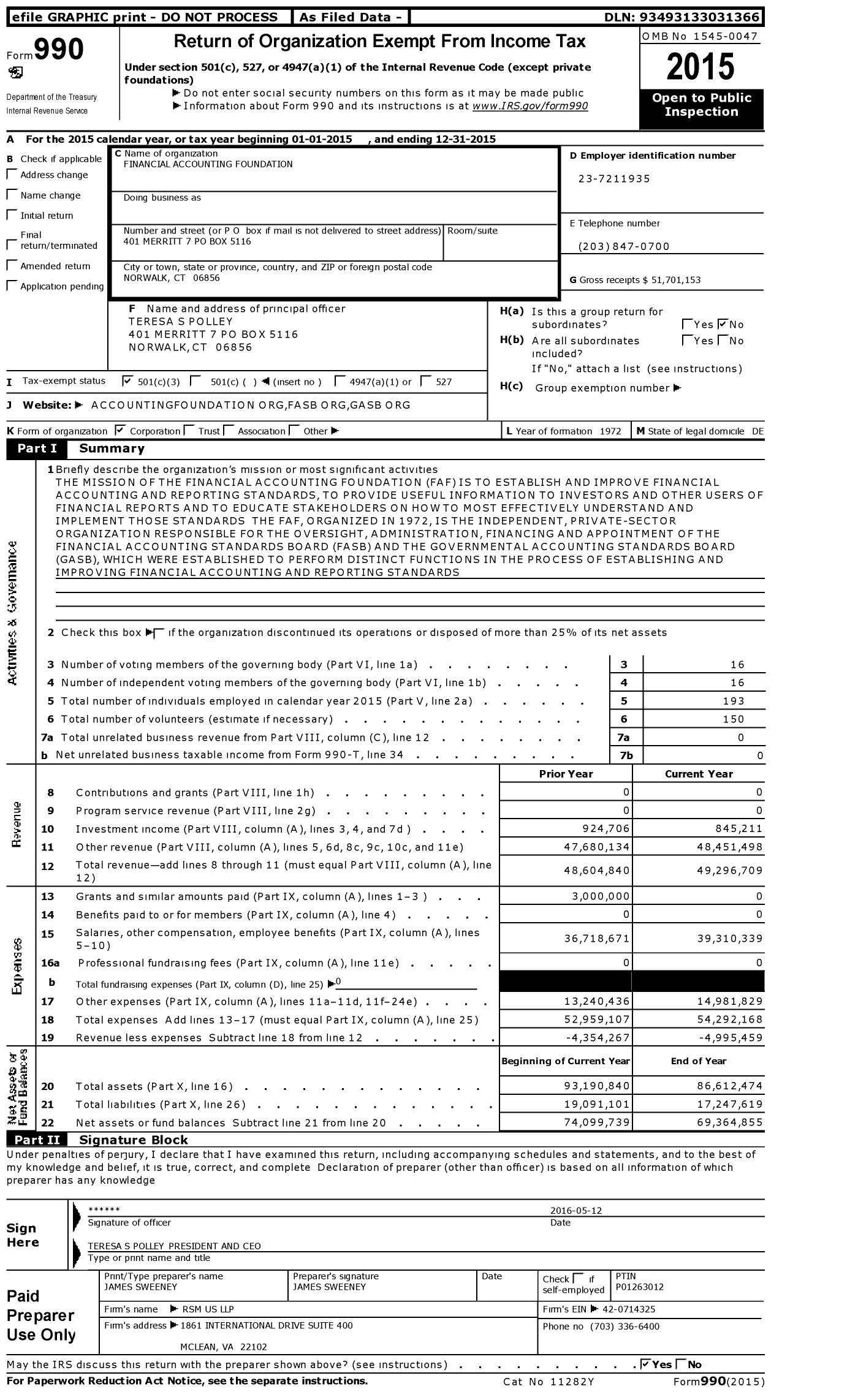 Image of first page of 2015 Form 990 for Financial Accounting Foundation