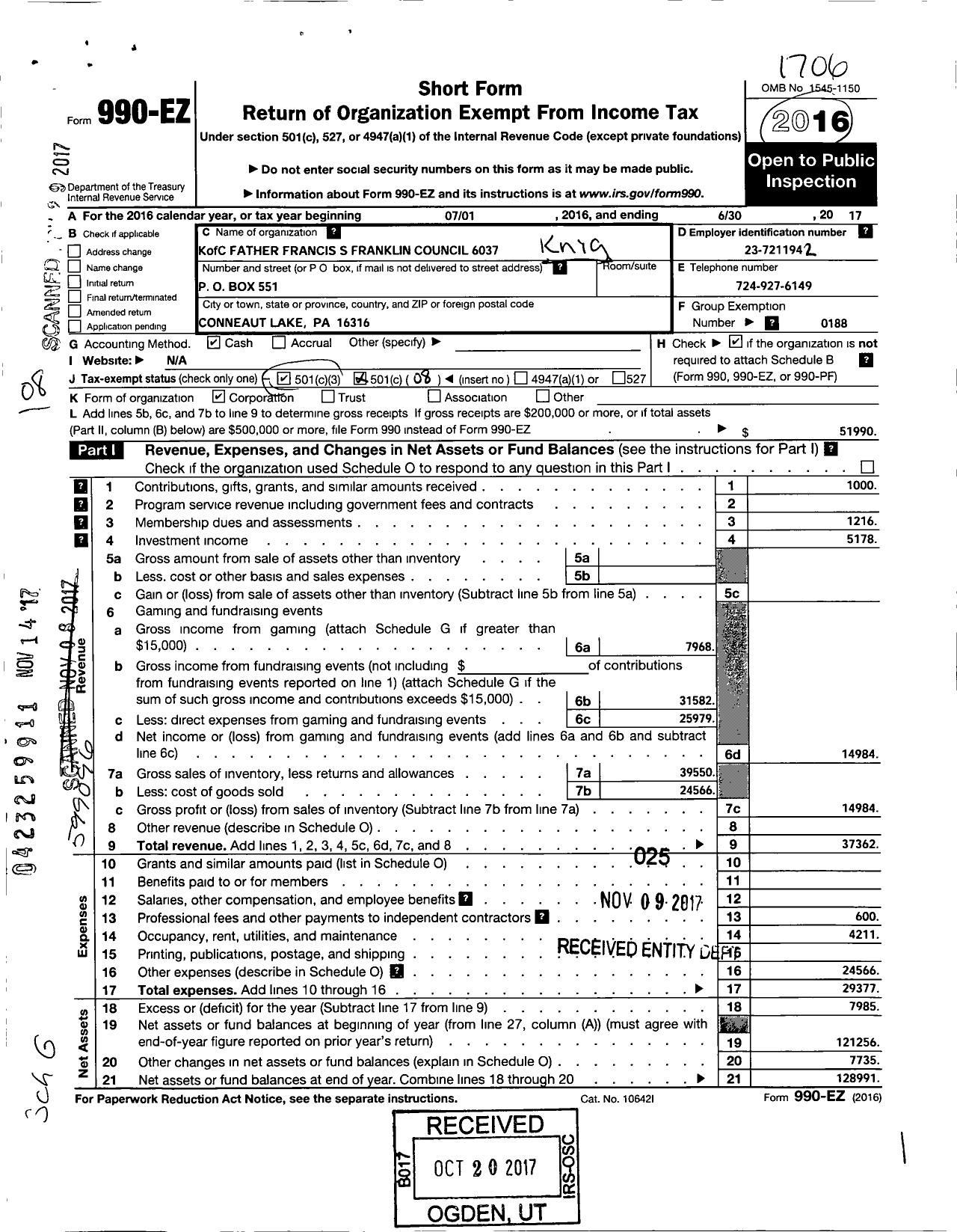 Image of first page of 2016 Form 990EO for Knights of Columbus - 6037 Francis S Franklin