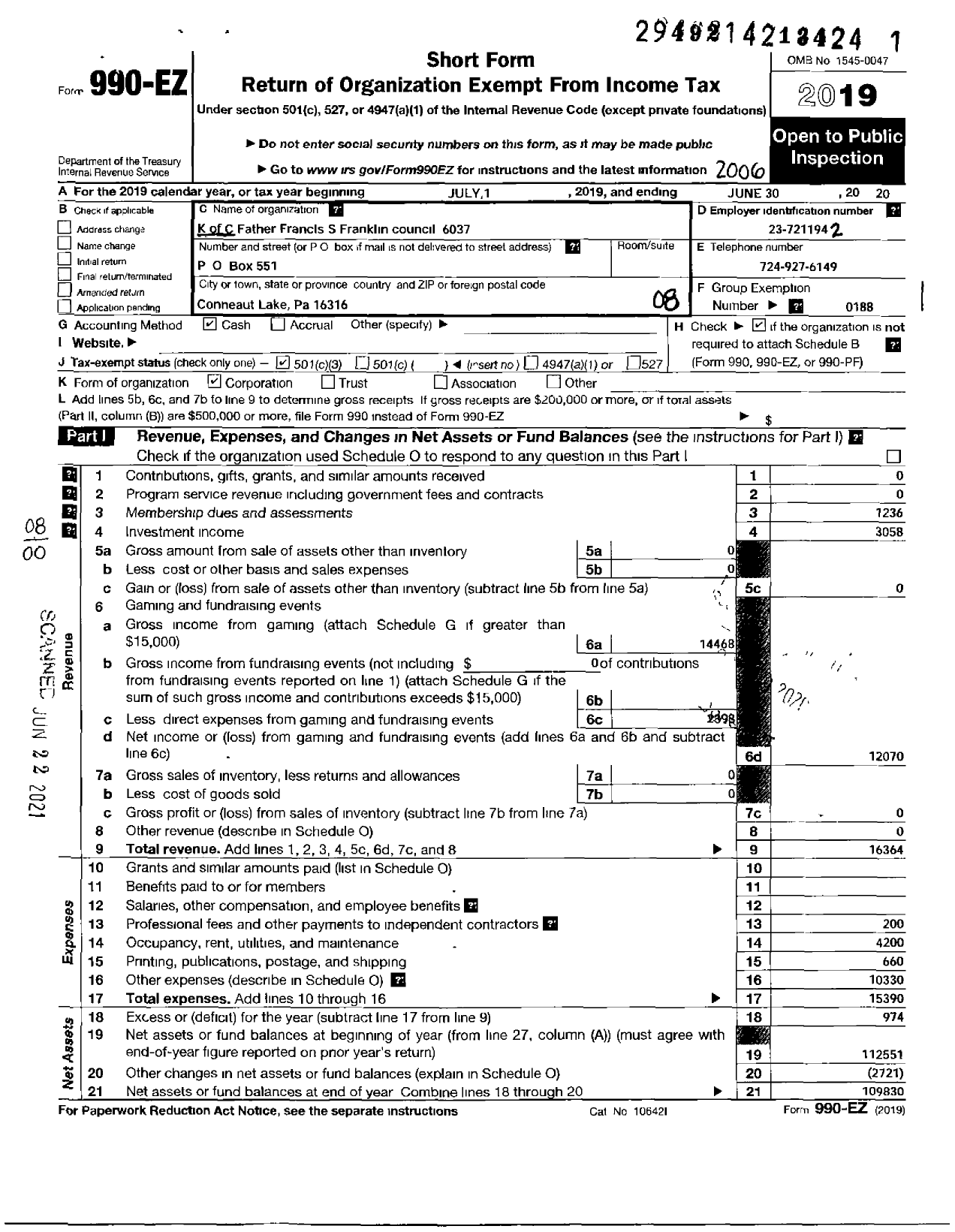 Image of first page of 2019 Form 990EO for Knights of Columbus - 6037 Francis S Franklin