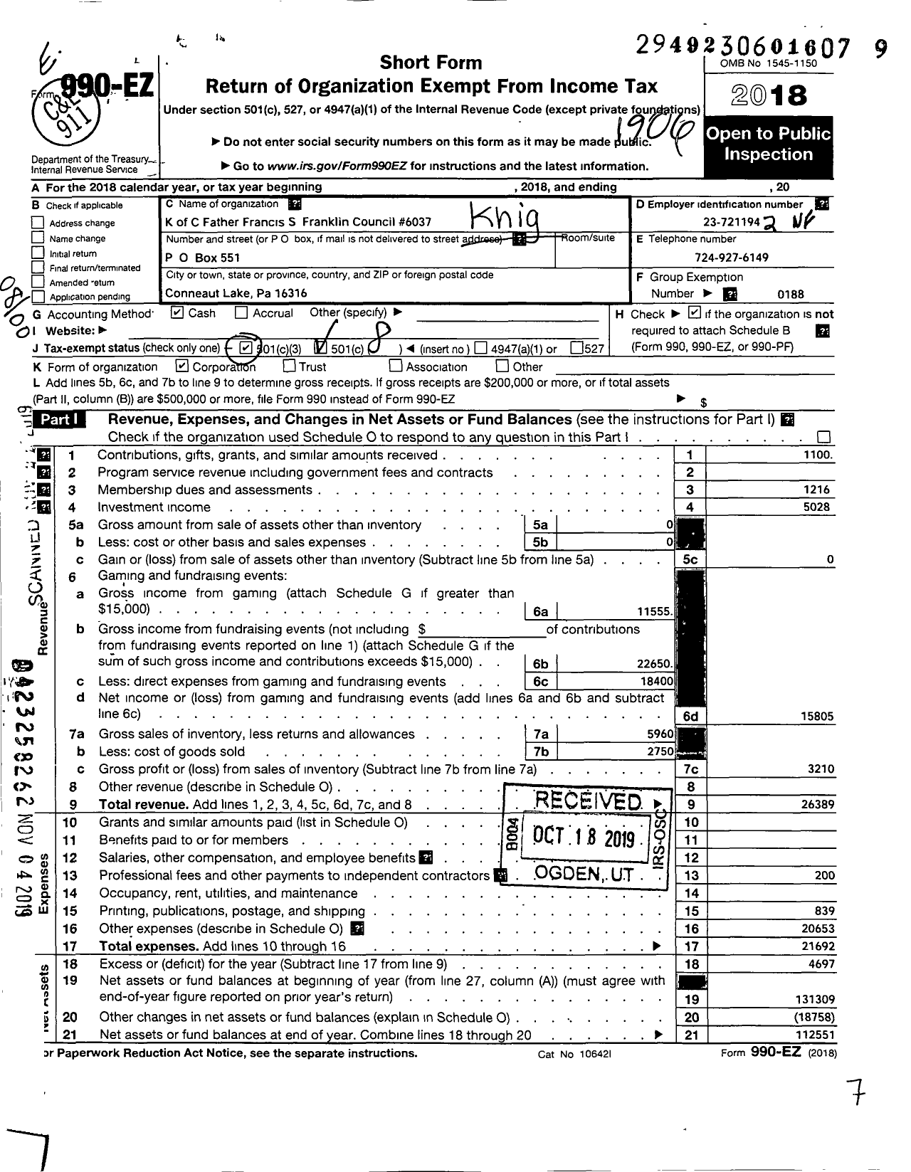 Image of first page of 2018 Form 990EO for Knights of Columbus - 6037 Francis S Franklin