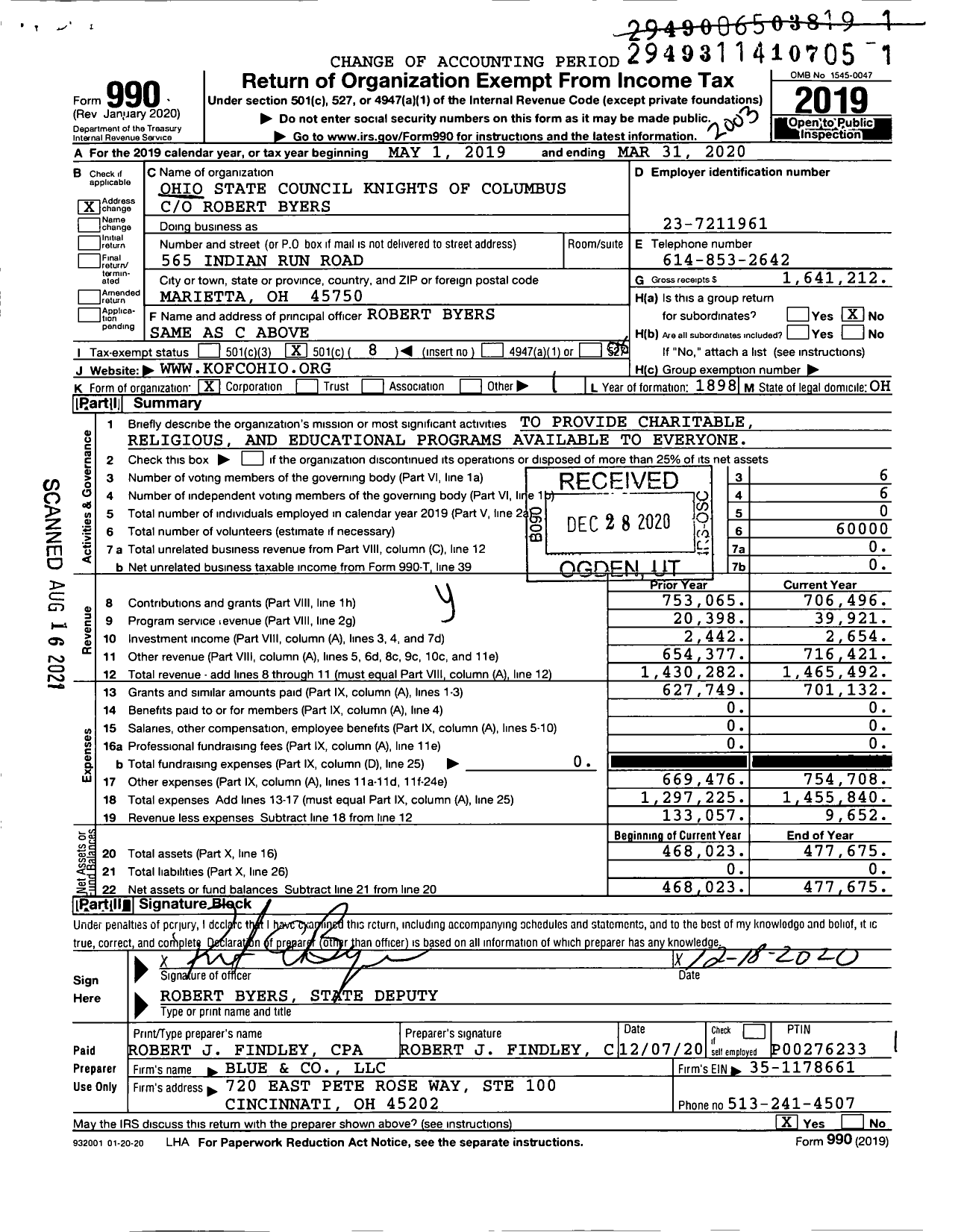 Image of first page of 2019 Form 990O for Knights of Columbus - Ohio State Council