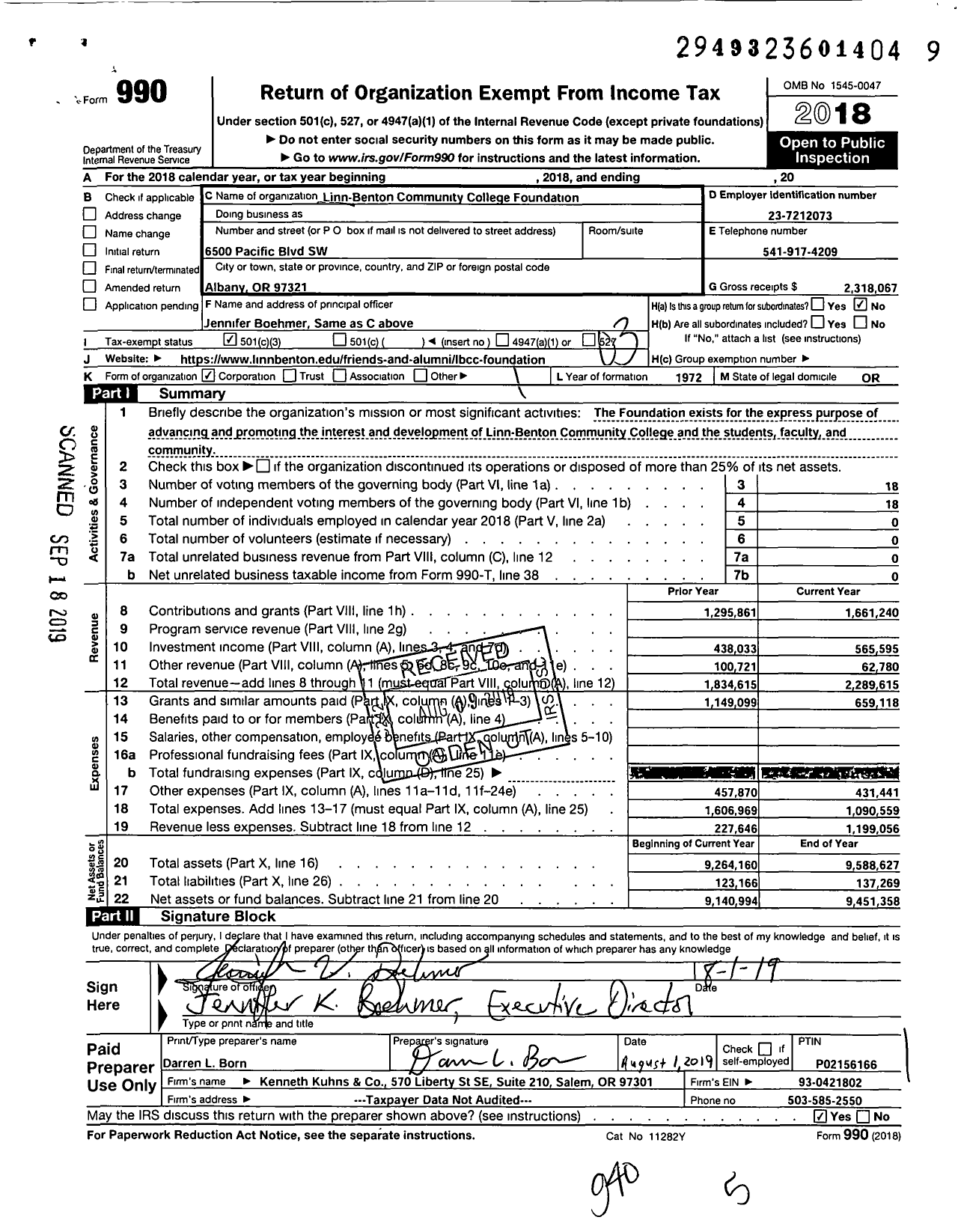 Image of first page of 2018 Form 990 for Linn-Benton Community College Foundation