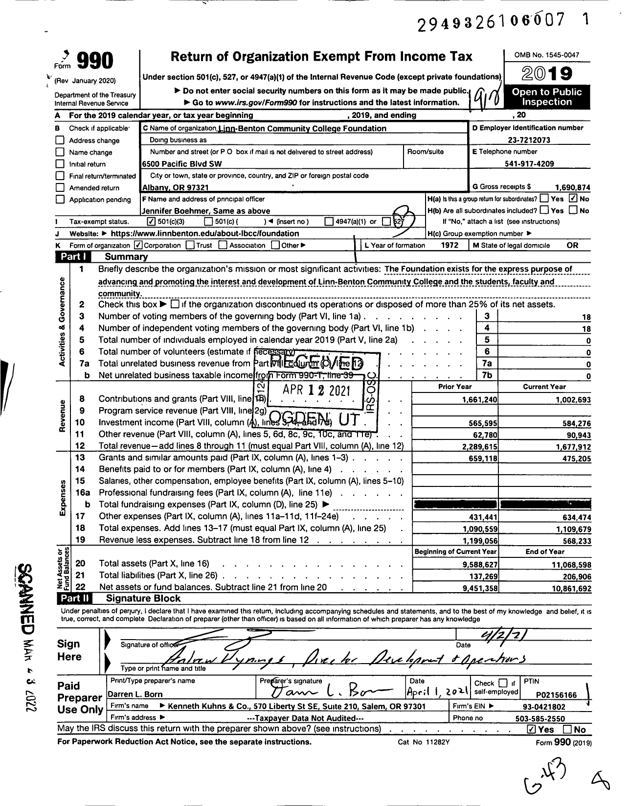 Image of first page of 2019 Form 990 for Linn-Benton Community College Foundation