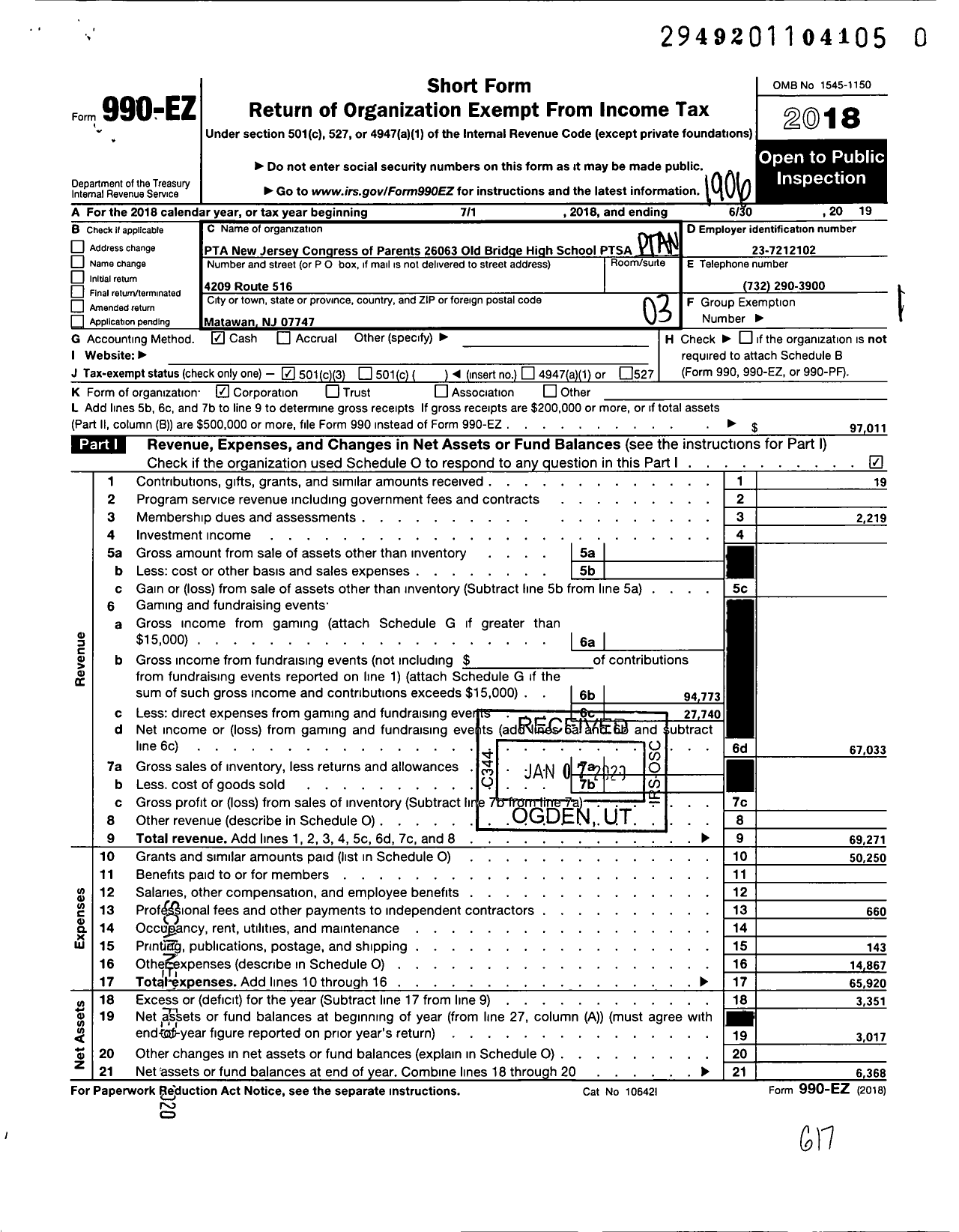 Image of first page of 2018 Form 990EZ for New Jersey PTA - 26063 Old Bridge High School PTA