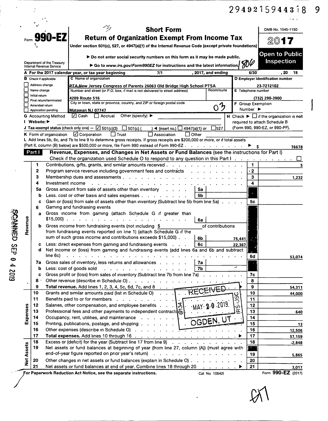 Image of first page of 2017 Form 990EZ for New Jersey PTA - 26063 Old Bridge High School PTA