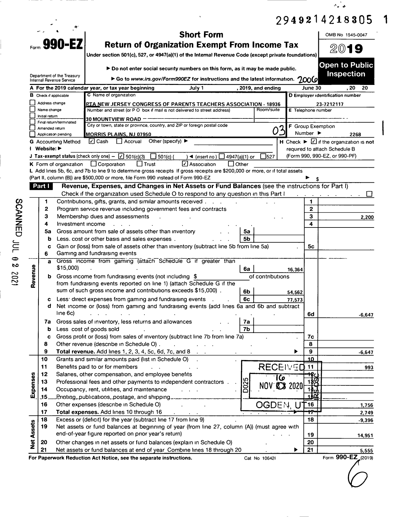 Image of first page of 2019 Form 990EZ for New Jersey PTA - 18936 Mountview Rd PTA