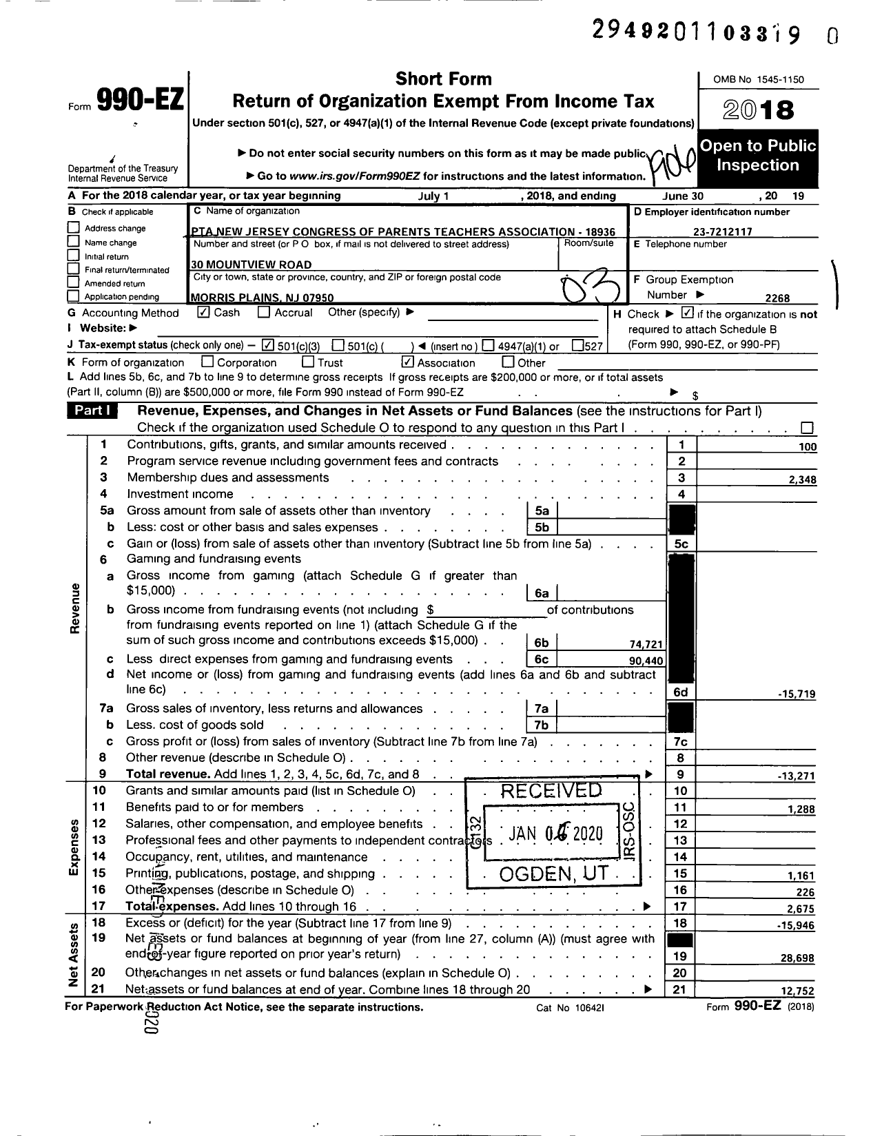 Image of first page of 2018 Form 990EZ for New Jersey PTA - 18936 Mountview Rd PTA