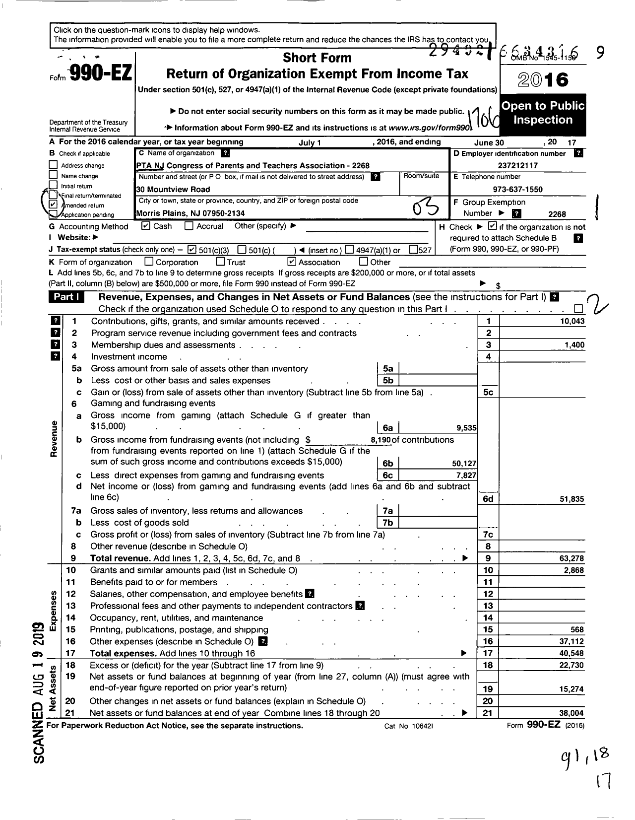 Image of first page of 2016 Form 990EZ for New Jersey PTA - 18936 Mountview Rd PTA