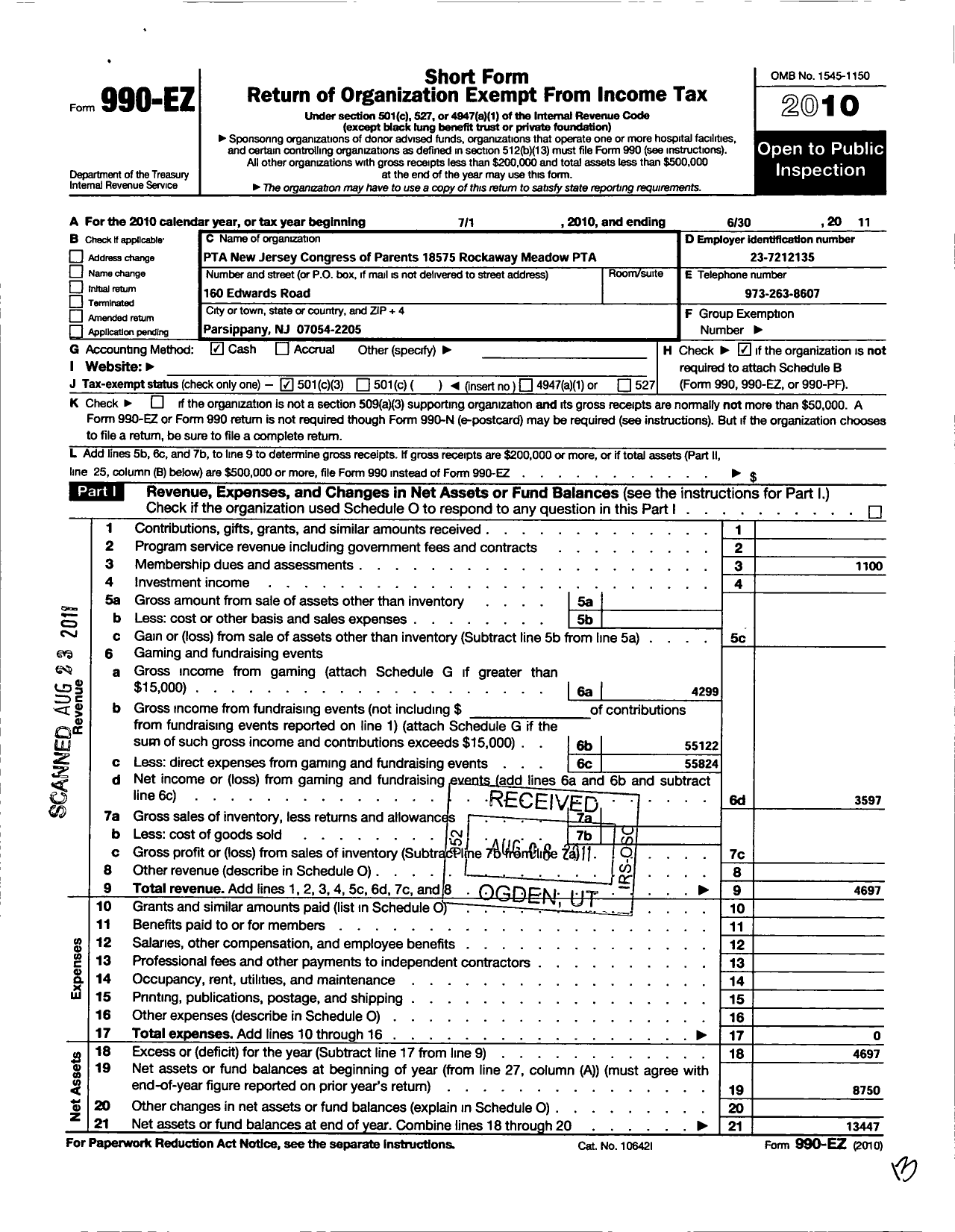 Image of first page of 2010 Form 990EZ for New Jersey PTA - 18575 Rockaway Meadow PTA