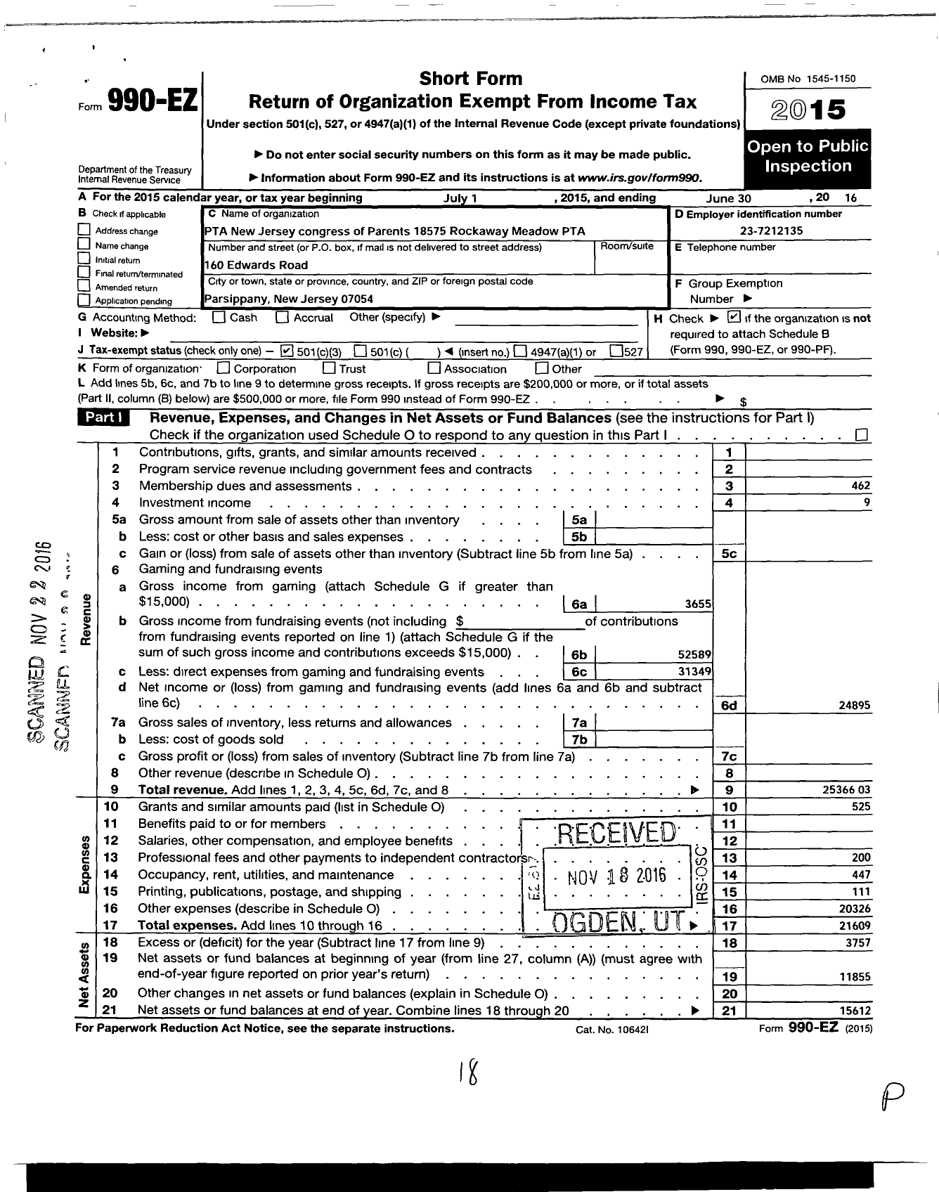 Image of first page of 2015 Form 990EZ for New Jersey PTA - 18575 Rockaway Meadow PTA