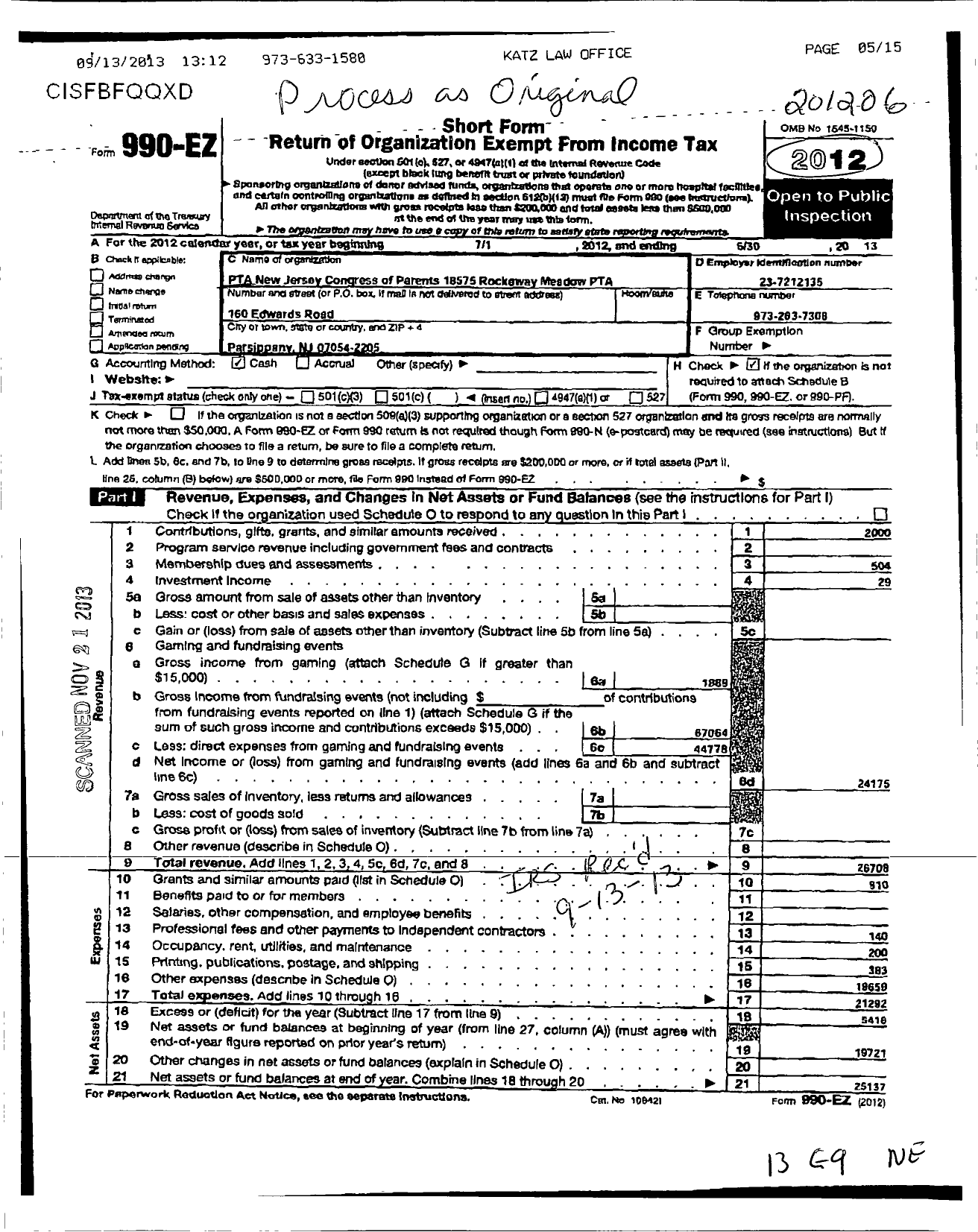 Image of first page of 2011 Form 990EO for New Jersey PTA - 18575 Rockaway Meadow PTA