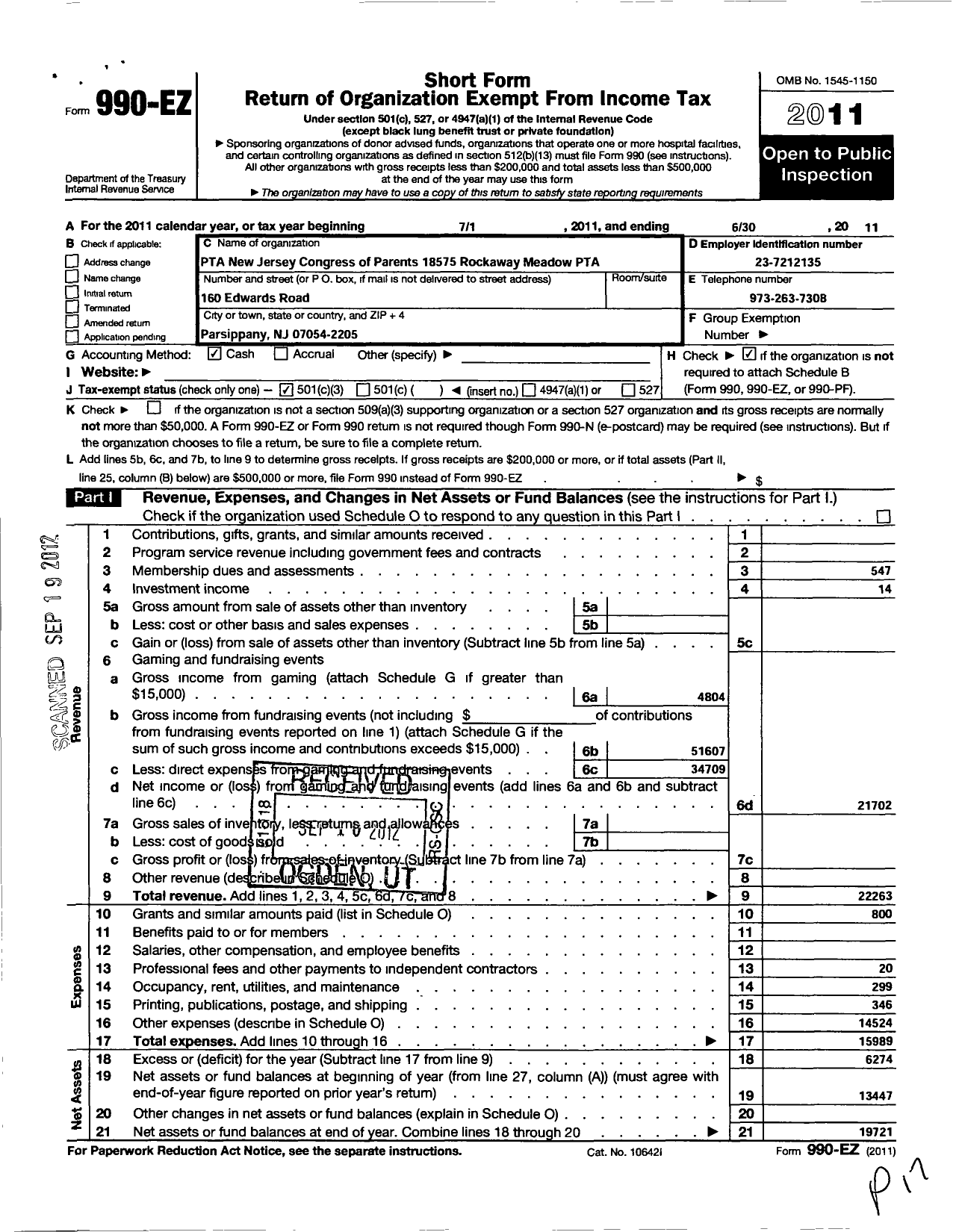 Image of first page of 2010 Form 990EZ for New Jersey PTA - 18575 Rockaway Meadow PTA