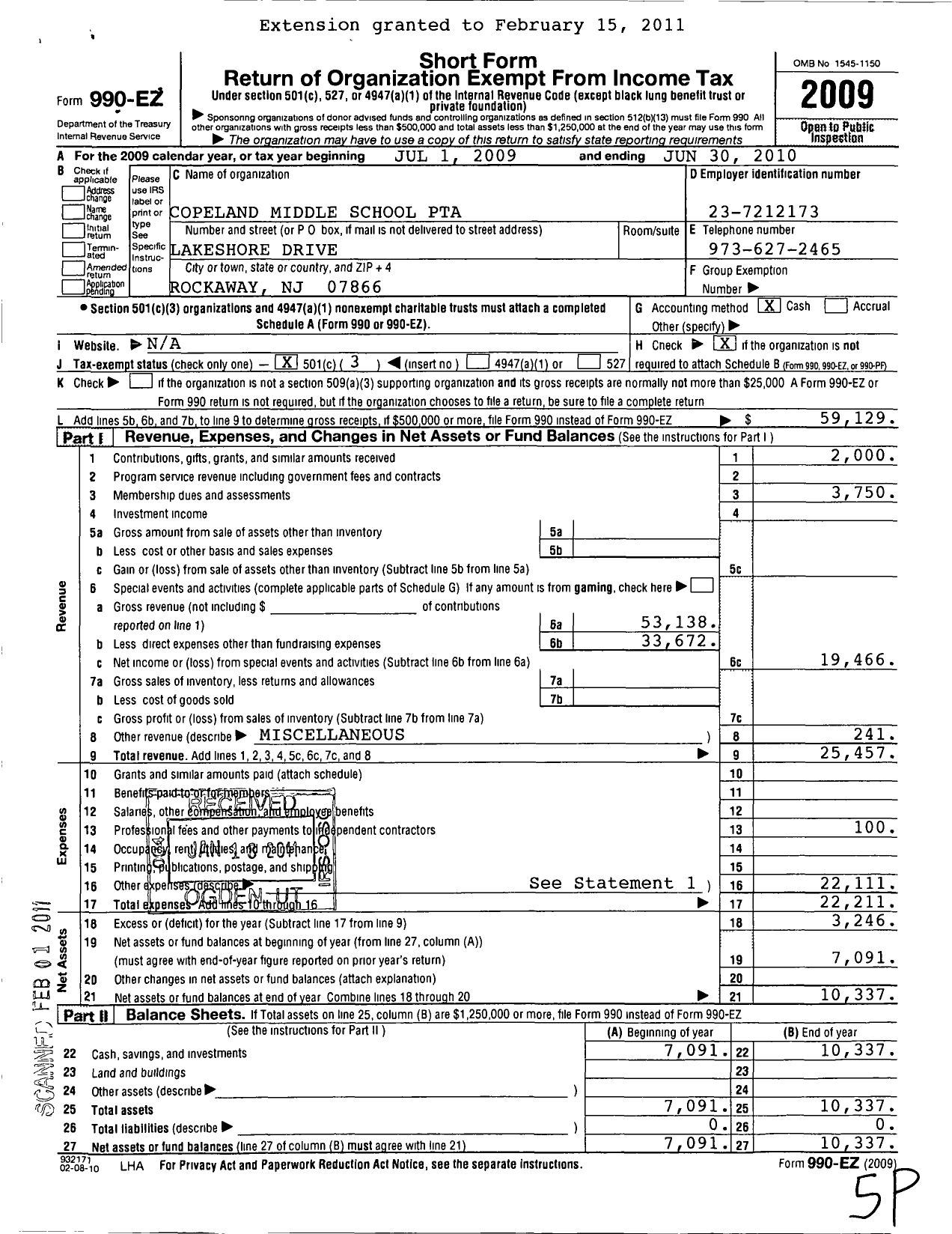Image of first page of 2009 Form 990EZ for New Jersey PTA - 18885 Copeland Middle School PTA