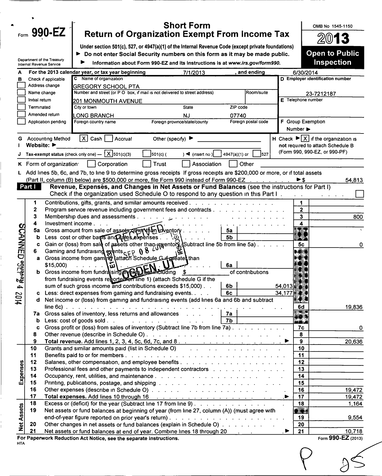 Image of first page of 2013 Form 990EZ for New Jersey PTA - 18864 Gregory School PTA