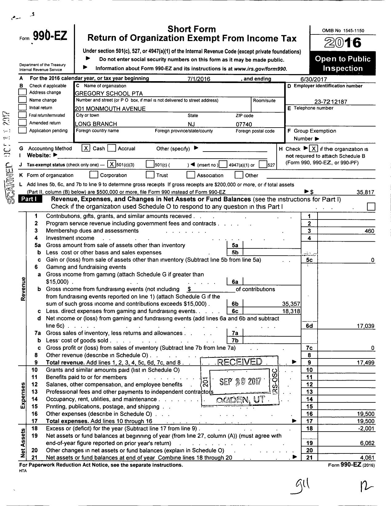 Image of first page of 2016 Form 990EZ for New Jersey PTA - 18864 Gregory School PTA