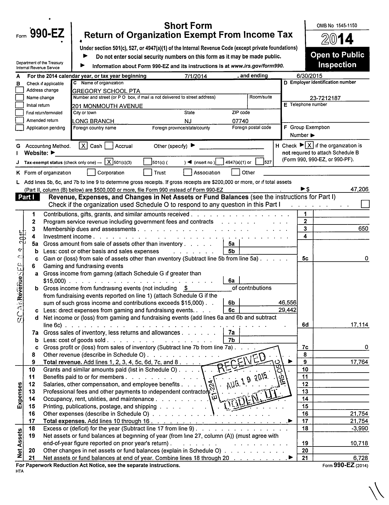 Image of first page of 2014 Form 990EZ for New Jersey PTA - 18864 Gregory School PTA