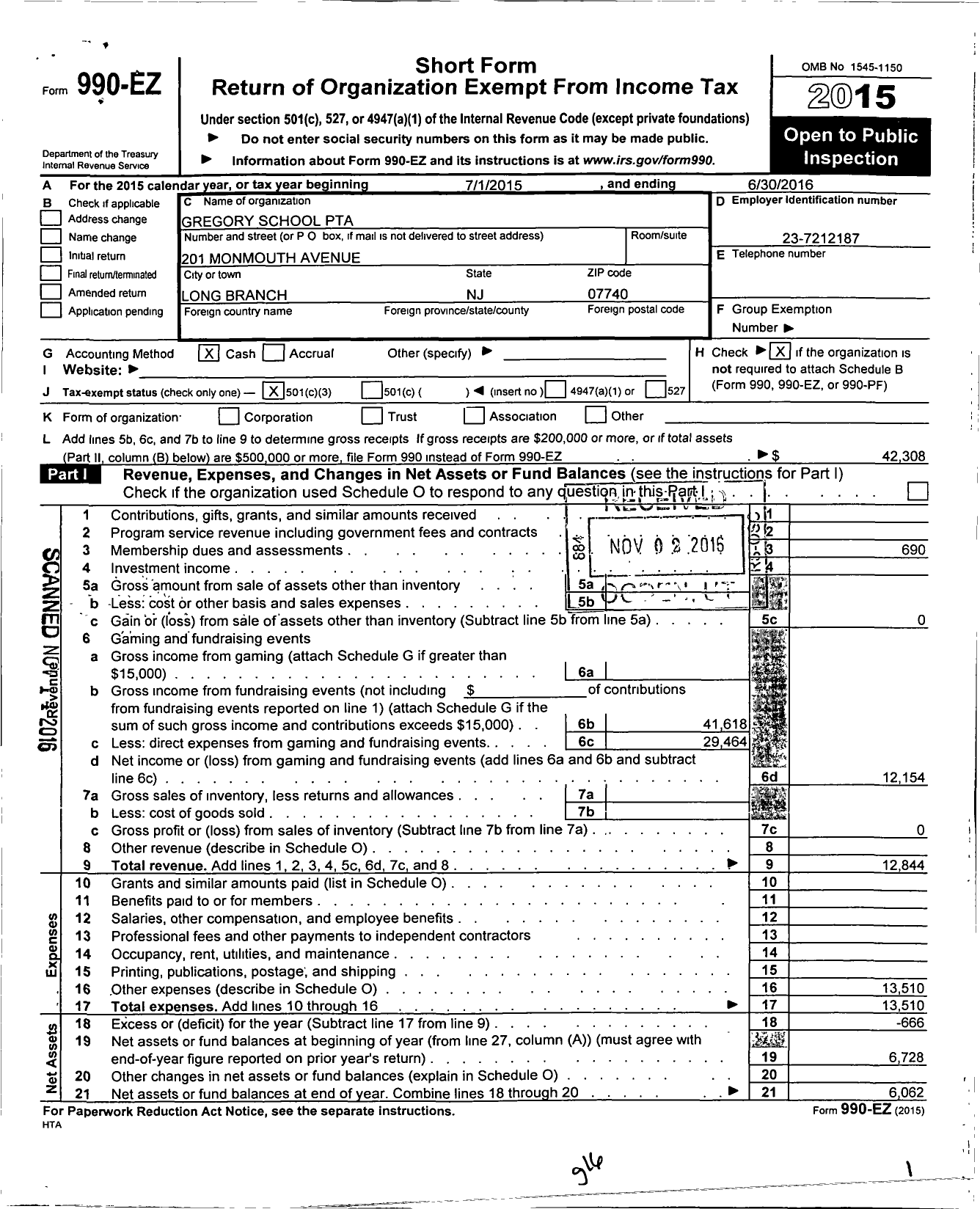 Image of first page of 2015 Form 990EZ for New Jersey PTA - 18864 Gregory School PTA