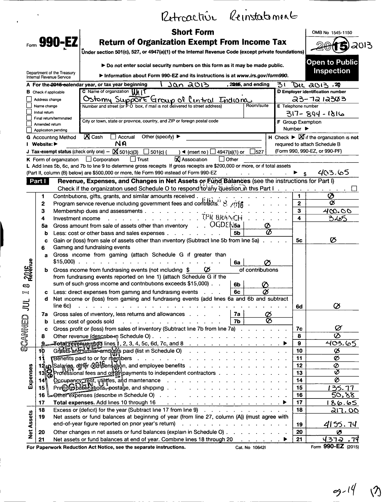 Image of first page of 2013 Form 990EZ for Ostomy Support Group of Central Indiana