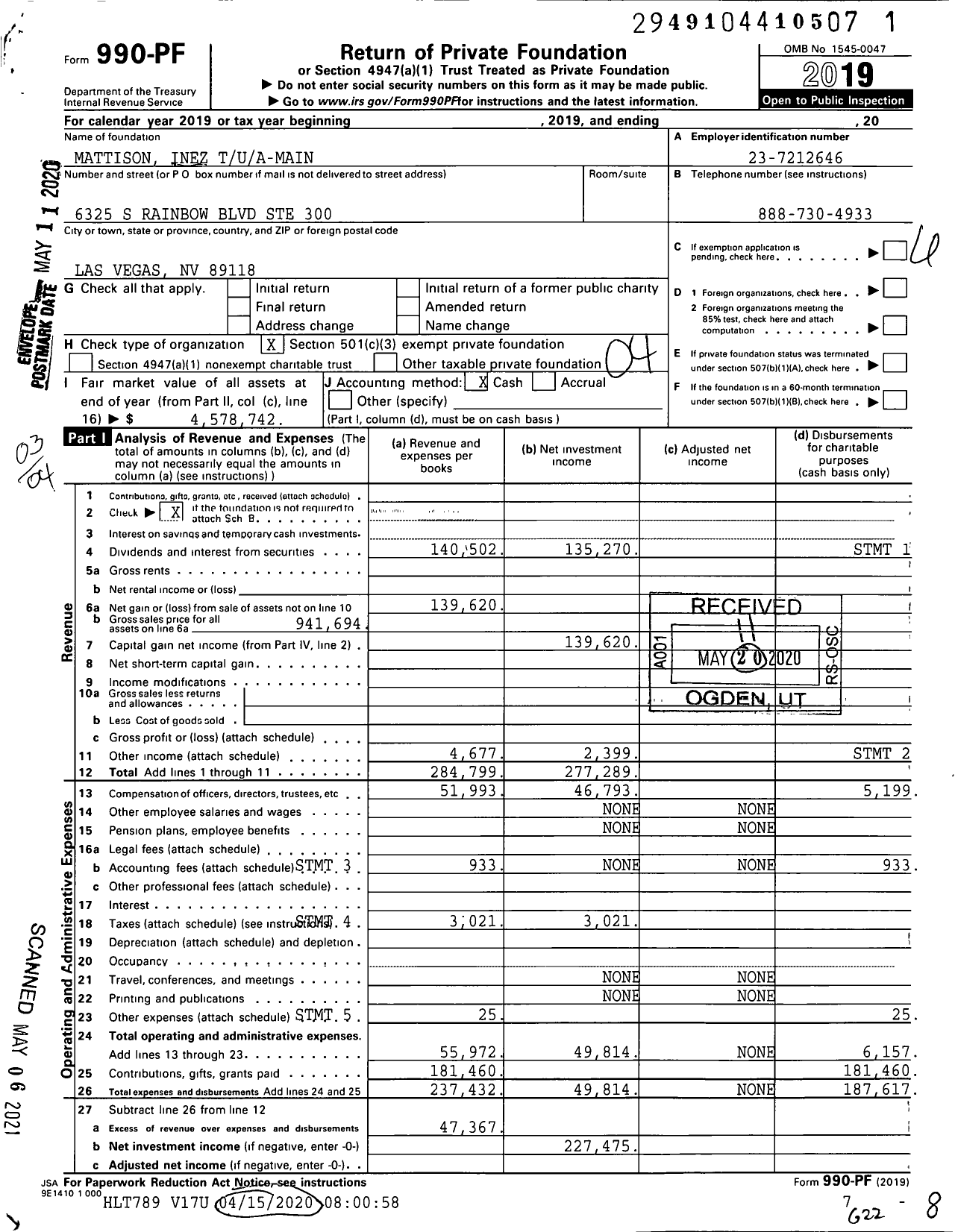 Image of first page of 2019 Form 990PF for Mattison Inez Tua-Main