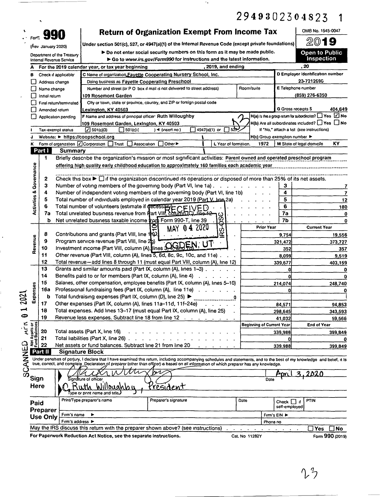 Image of first page of 2019 Form 990 for Fayette Cooperating Nursery School