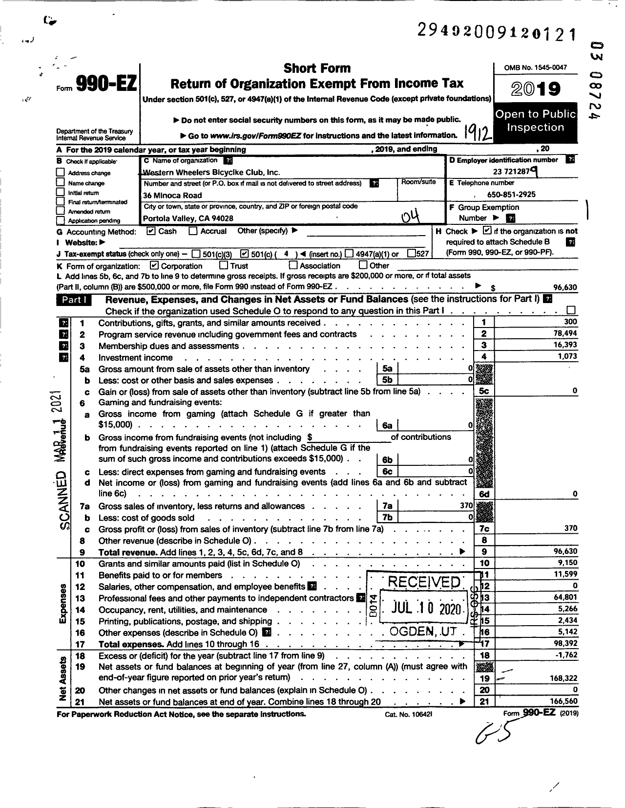 Image of first page of 2019 Form 990EO for Western Wheelers Bicycle Club