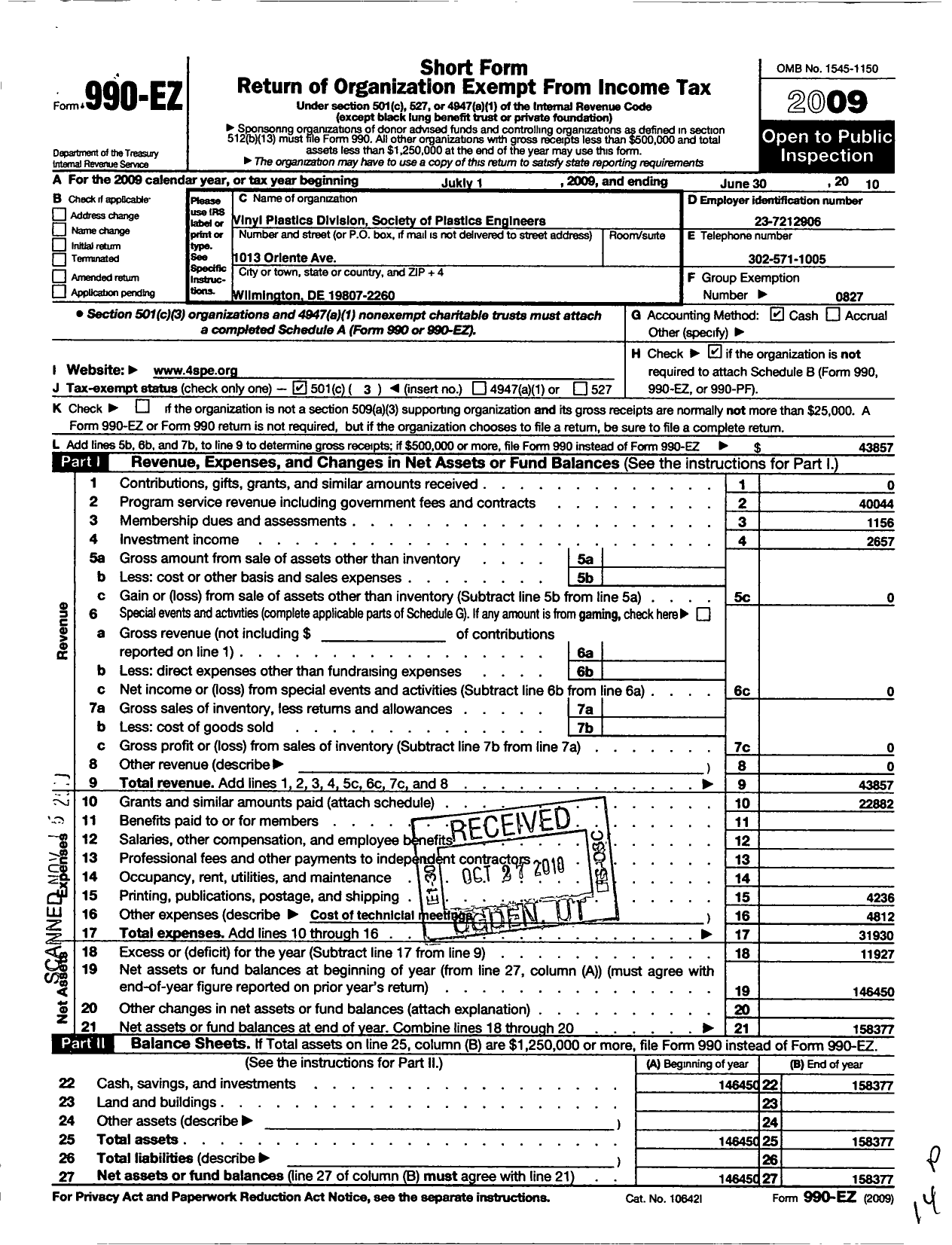 Image of first page of 2009 Form 990EZ for Society of Plastics Engineers - 27 Vinyl Plastics Division