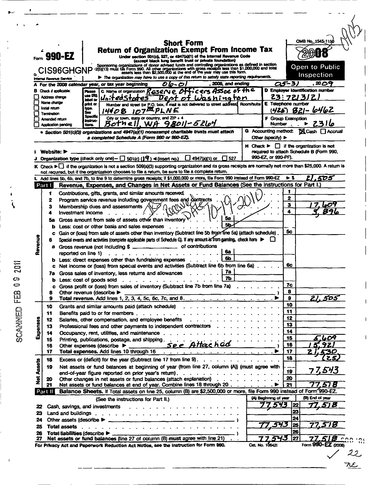 Image of first page of 2008 Form 990EO for Reserve Officers Assocaition of the United States Dept of Washington