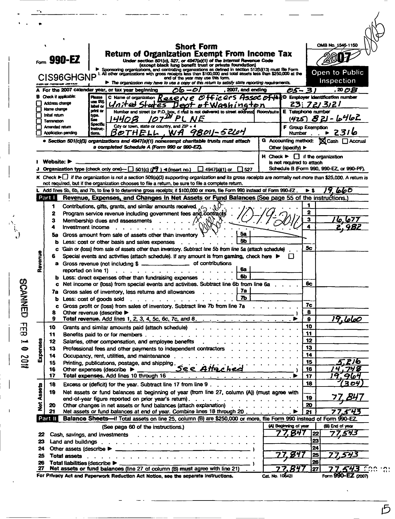 Image of first page of 2007 Form 990EO for Reserve Officers Assocaition of the United States Dept of Washington