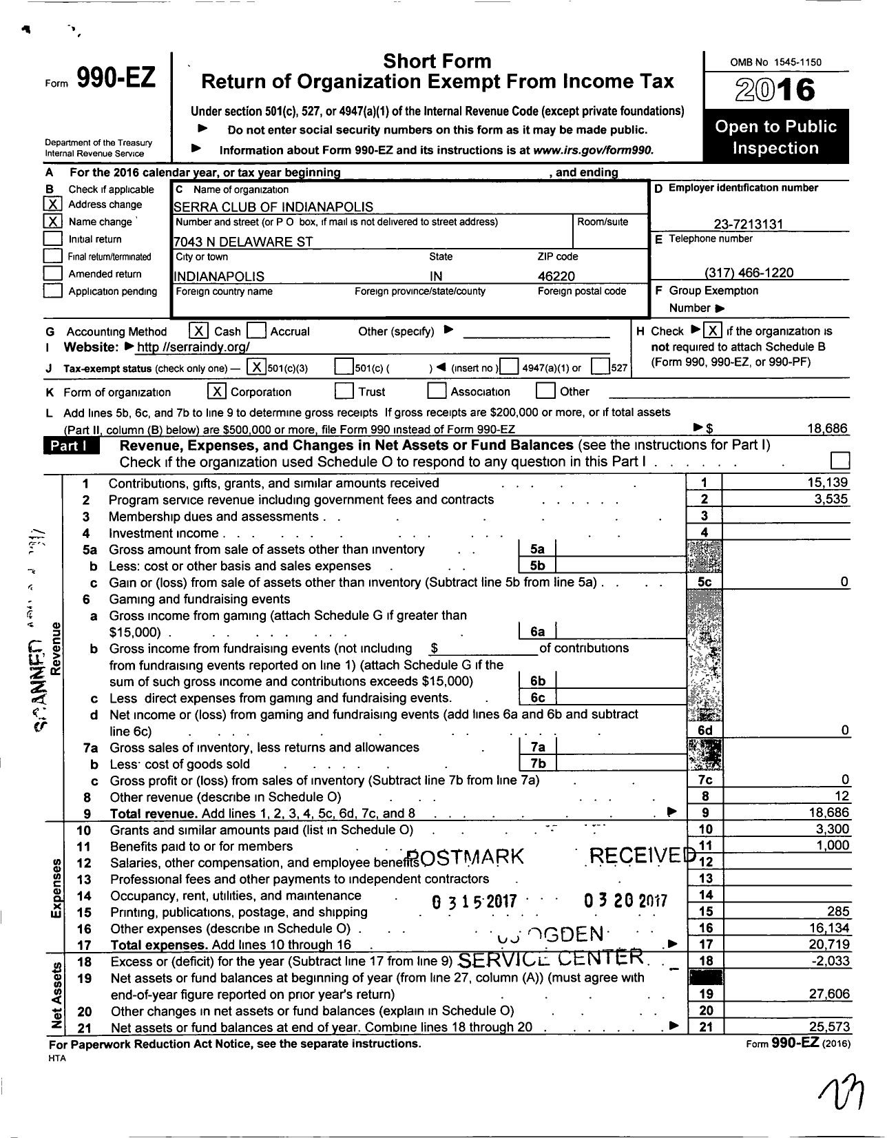 Image of first page of 2016 Form 990EZ for Serra International - 71 Indianapolis Serra Club