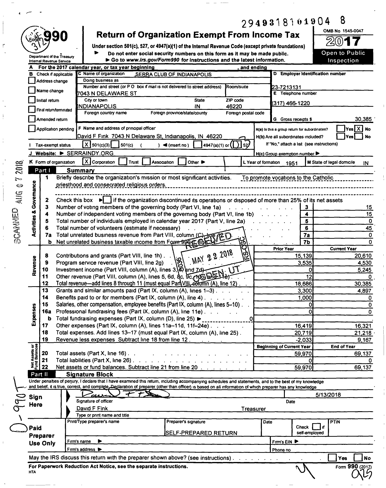 Image of first page of 2017 Form 990 for Serra International - 71 Indianapolis Serra Club