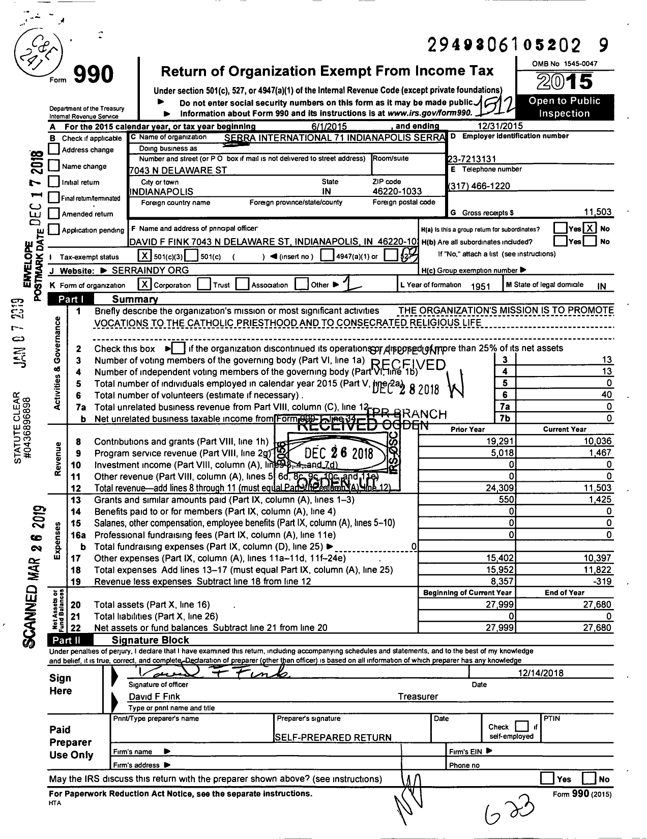 Image of first page of 2015 Form 990 for Serra International - 71 Indianapolis Serra Club