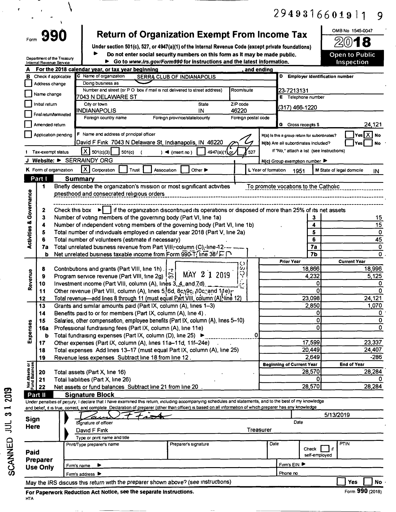 Image of first page of 2018 Form 990 for Serra International - 71 Indianapolis Serra Club