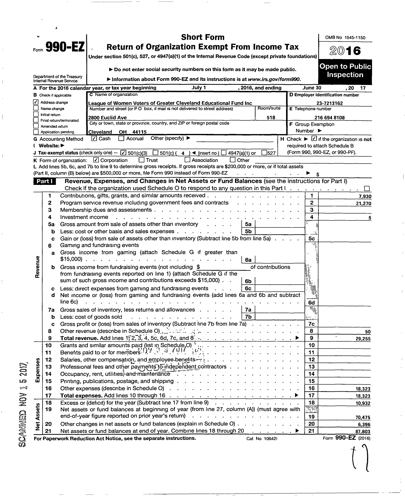 Image of first page of 2016 Form 990EZ for League of Women Voters of Greater Cleveland Education Fund