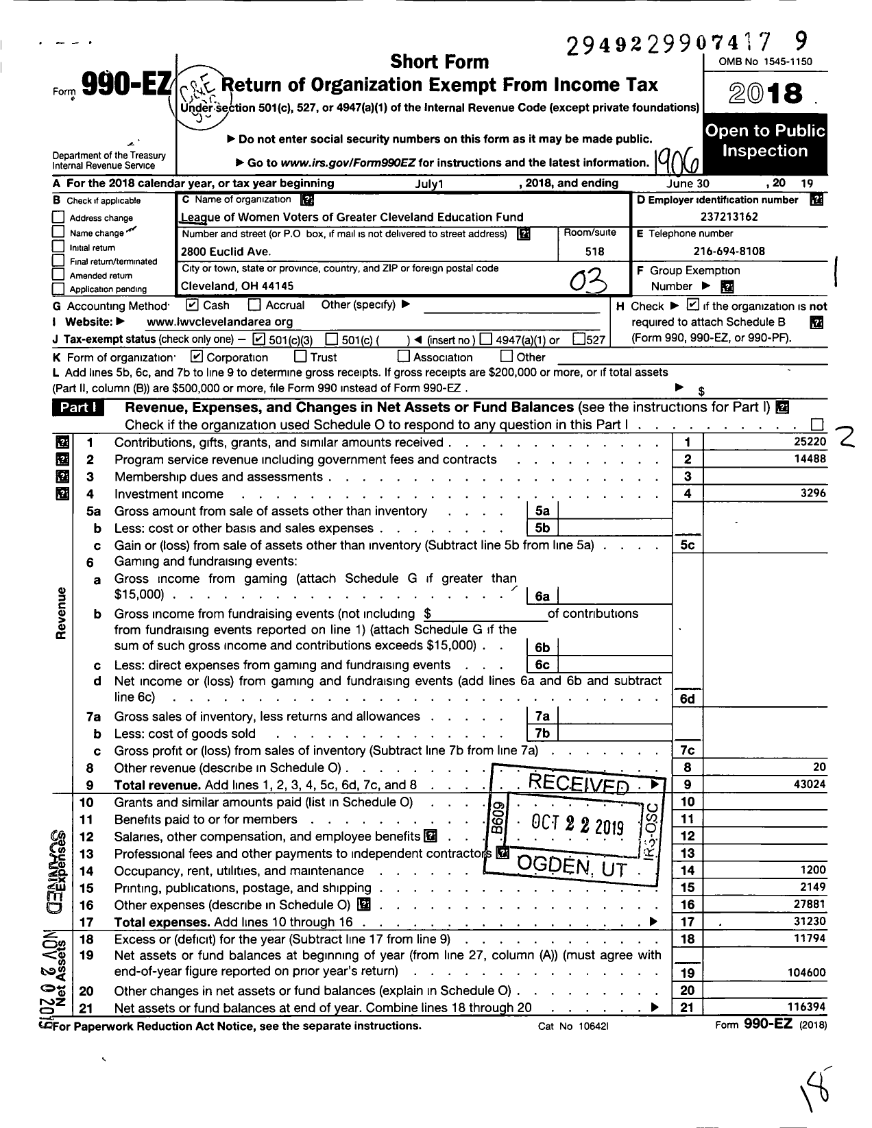 Image of first page of 2018 Form 990EZ for League of Women Voters of Greater Cleveland Education Fund