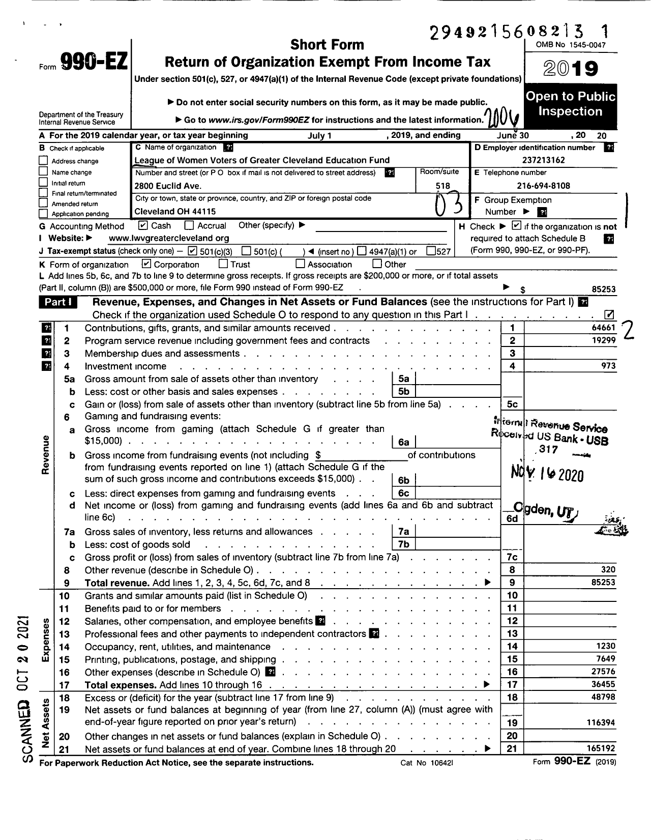 Image of first page of 2019 Form 990EZ for League of Women Voters of Greater Cleveland Education Fund