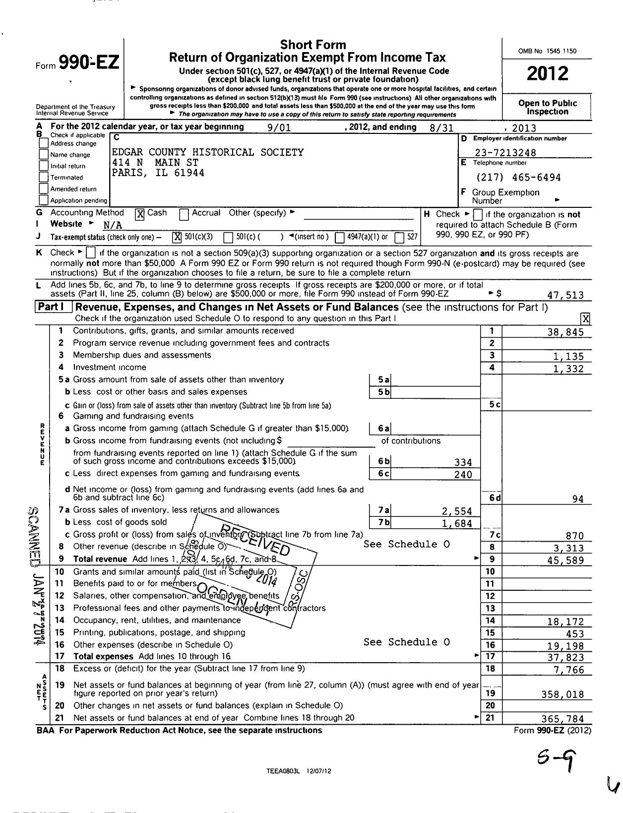 Image of first page of 2012 Form 990EZ for Edgar County Historical Society