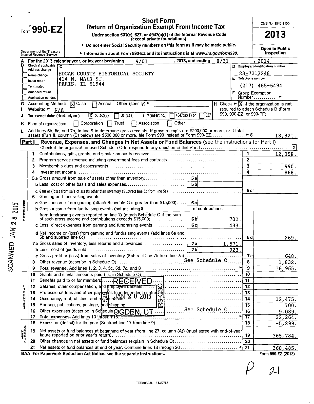 Image of first page of 2013 Form 990EZ for Edgar County Historical Society