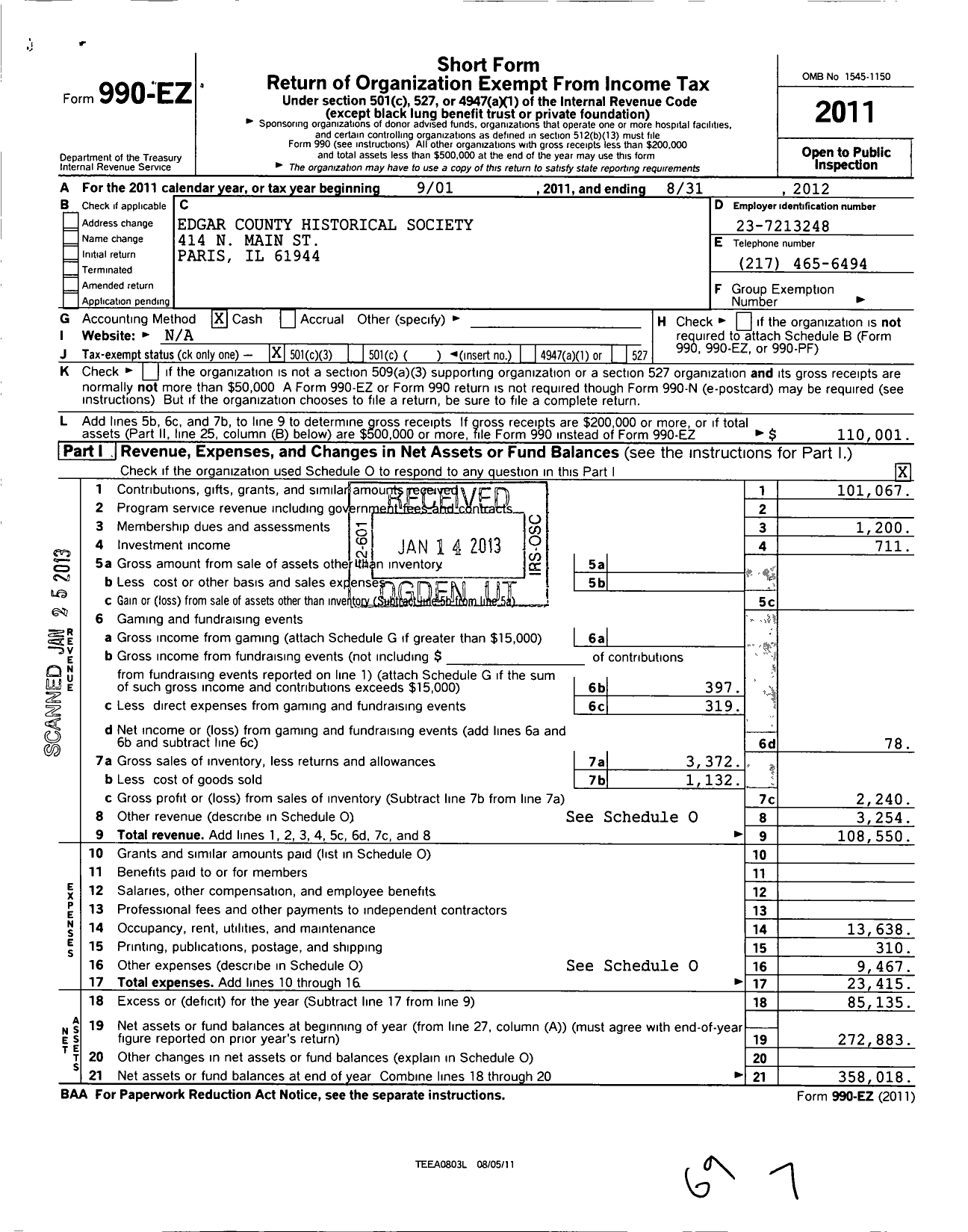 Image of first page of 2011 Form 990EZ for Edgar County Historical Society