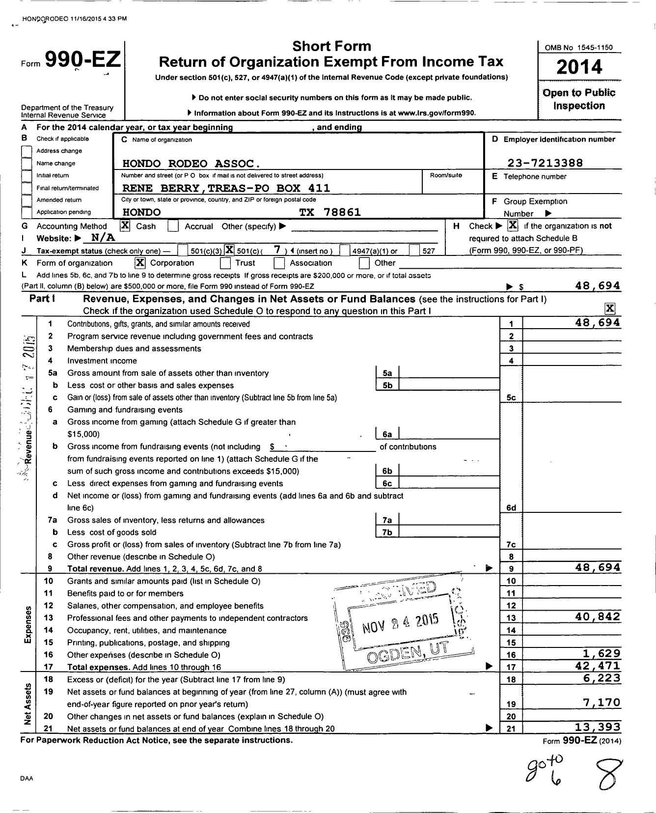 Image of first page of 2014 Form 990EO for Hondo Rodeo Association Medina Rodeo Assc