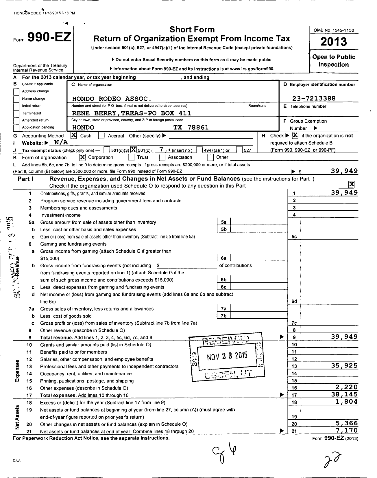 Image of first page of 2013 Form 990EO for Hondo Rodeo Association Medina Rodeo Assc