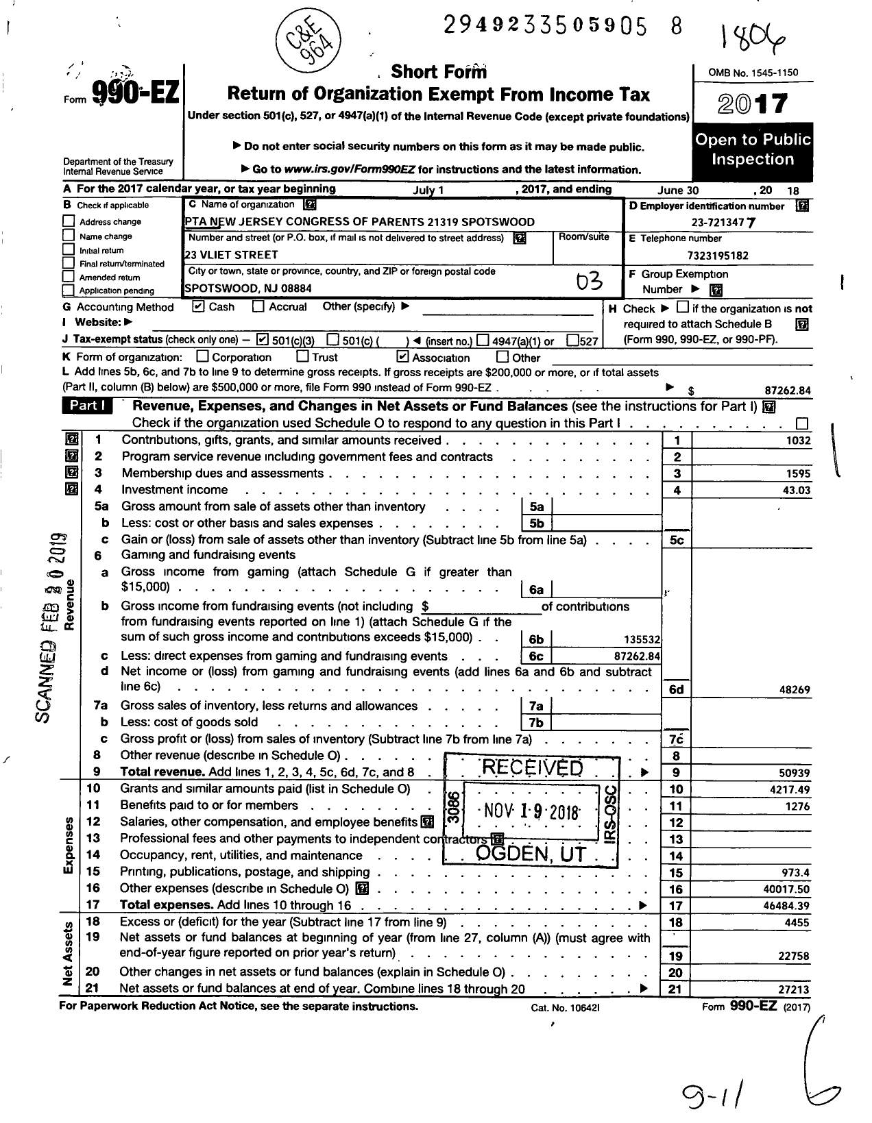 Image of first page of 2017 Form 990EZ for New Jersey PTA - 21319 Spotswood PTA