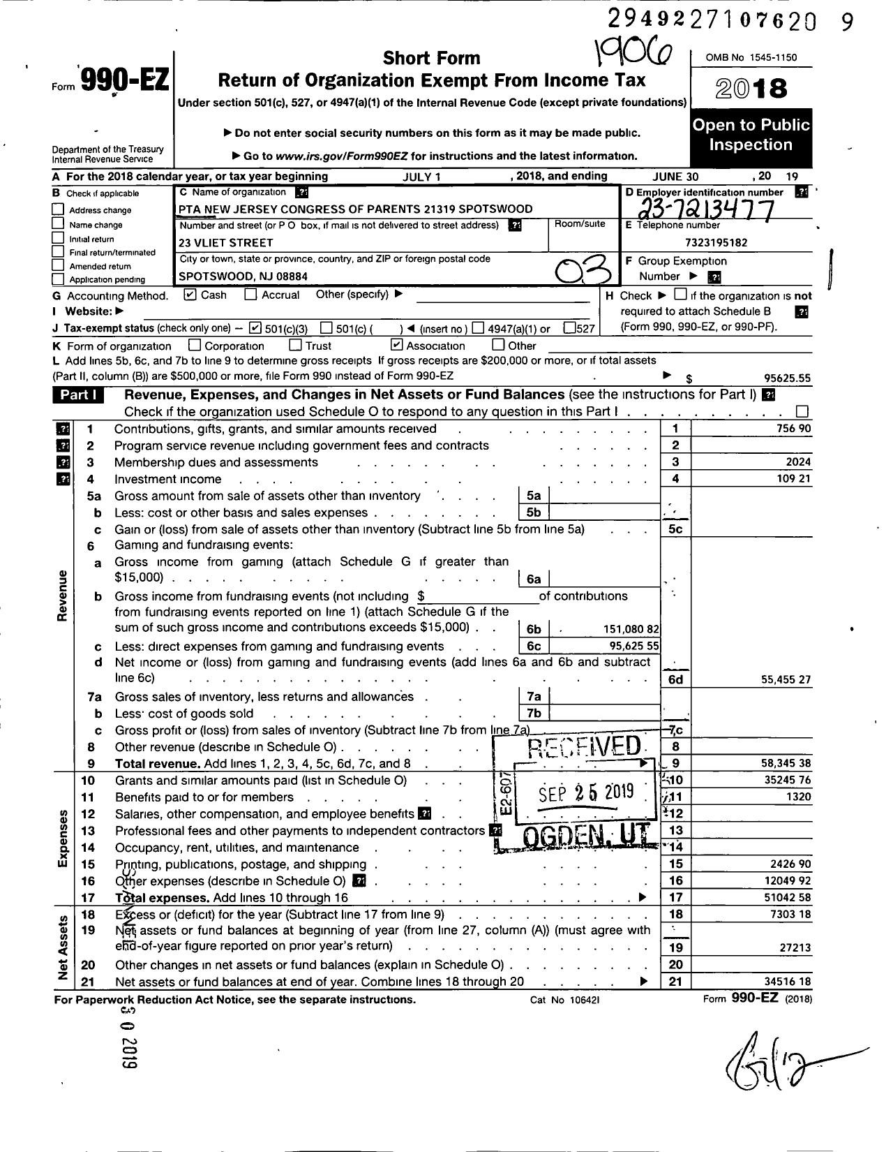 Image of first page of 2018 Form 990EZ for New Jersey PTA - 21319 Spotswood PTA