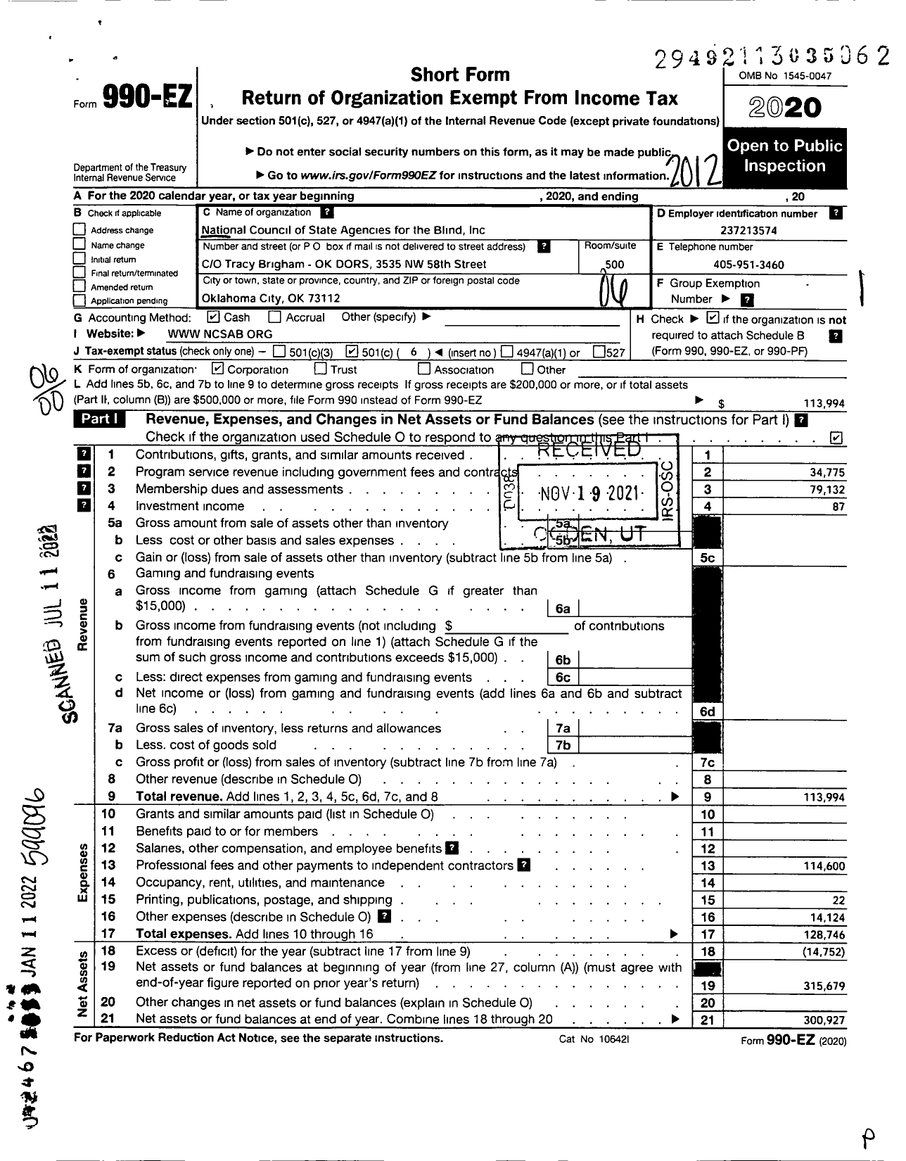 Image of first page of 2020 Form 990EO for National Council of State Agencies for the Blind