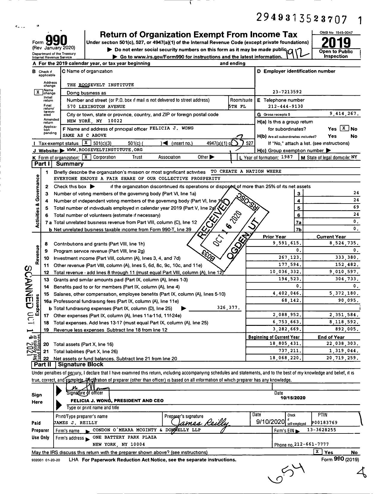 Image of first page of 2019 Form 990 for The Roosevelt Institute