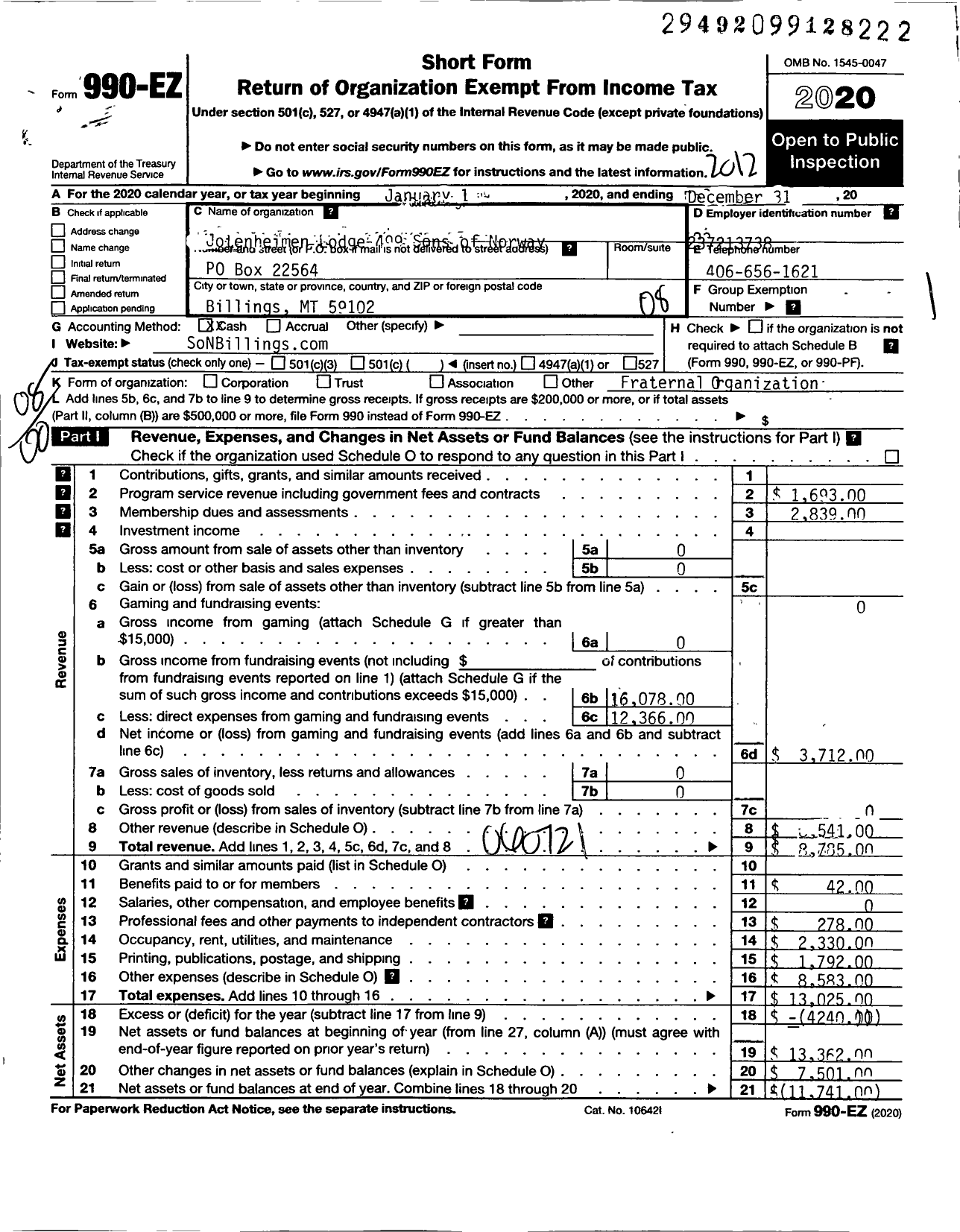 Image of first page of 2020 Form 990EO for Sons of Norway - 4-499 Jotunheimen